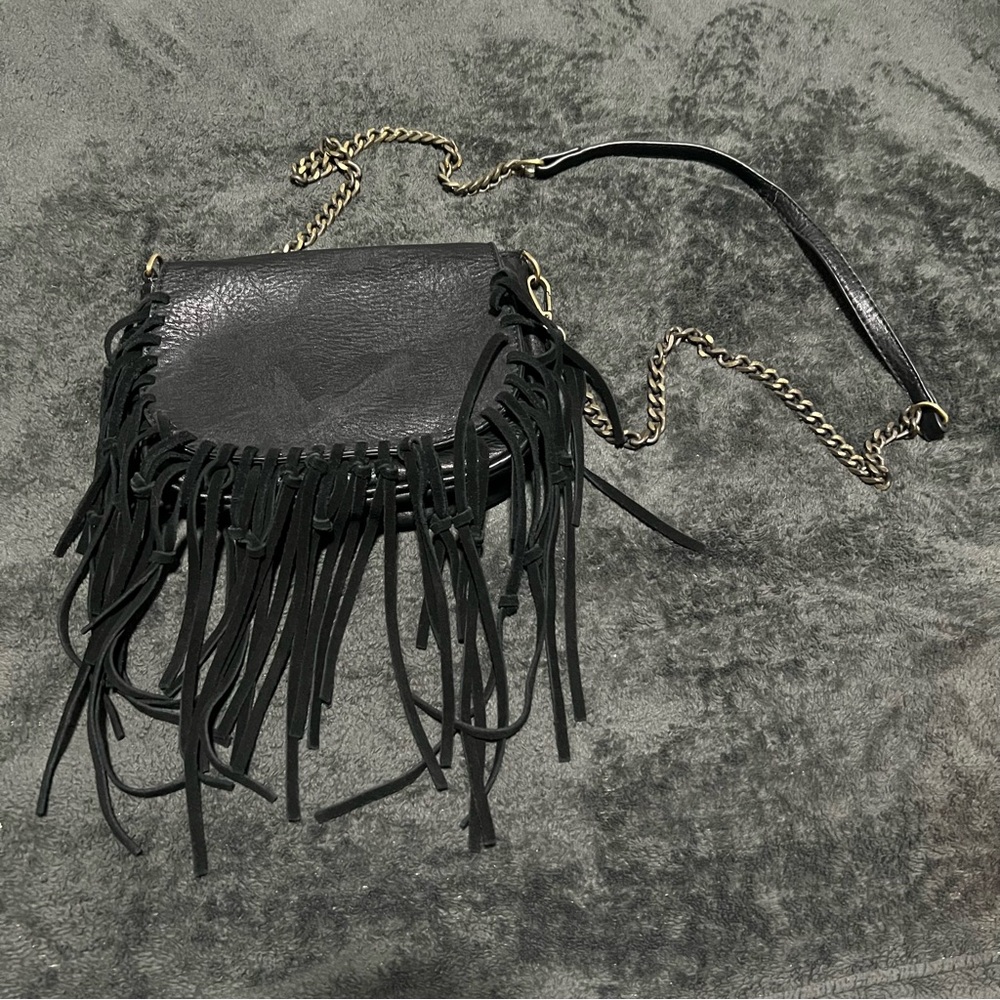 Vintage Y2K Sasha + Sofi Leather Crossbody Purse Black Fringe Chain